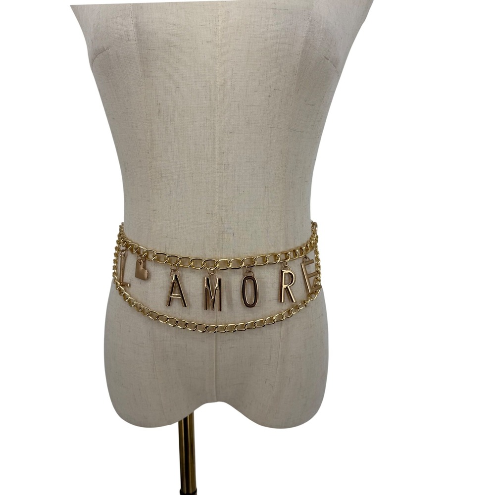 L'AMORE Chain Belt Women OS Gold Tone Heart Charm Layered Statement Accessory